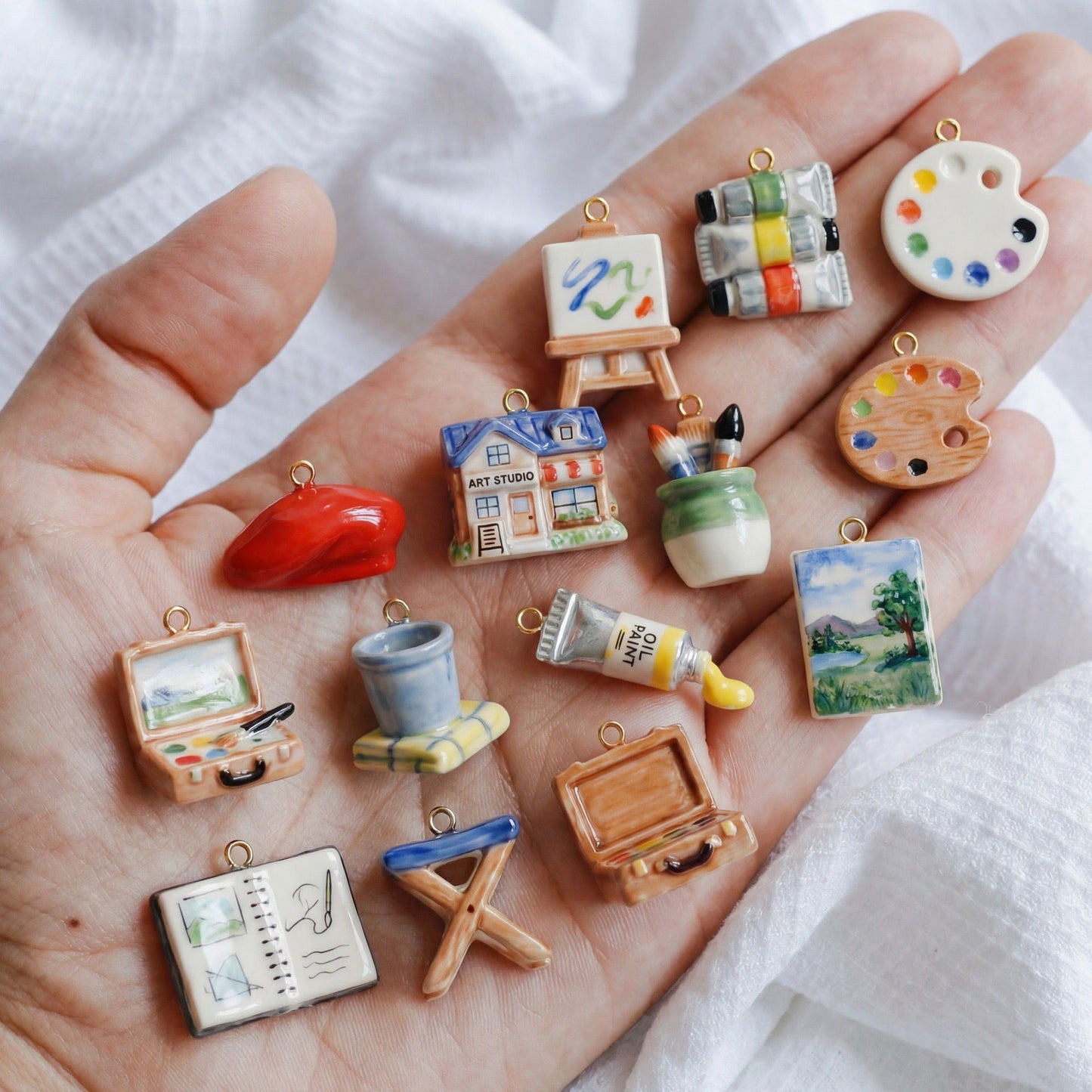 Little Artist · Easel | Hand-Painted Ceramic Miniature Easel Charm Gold Jump Ring | DIY Necklace Bracelet | Original Design