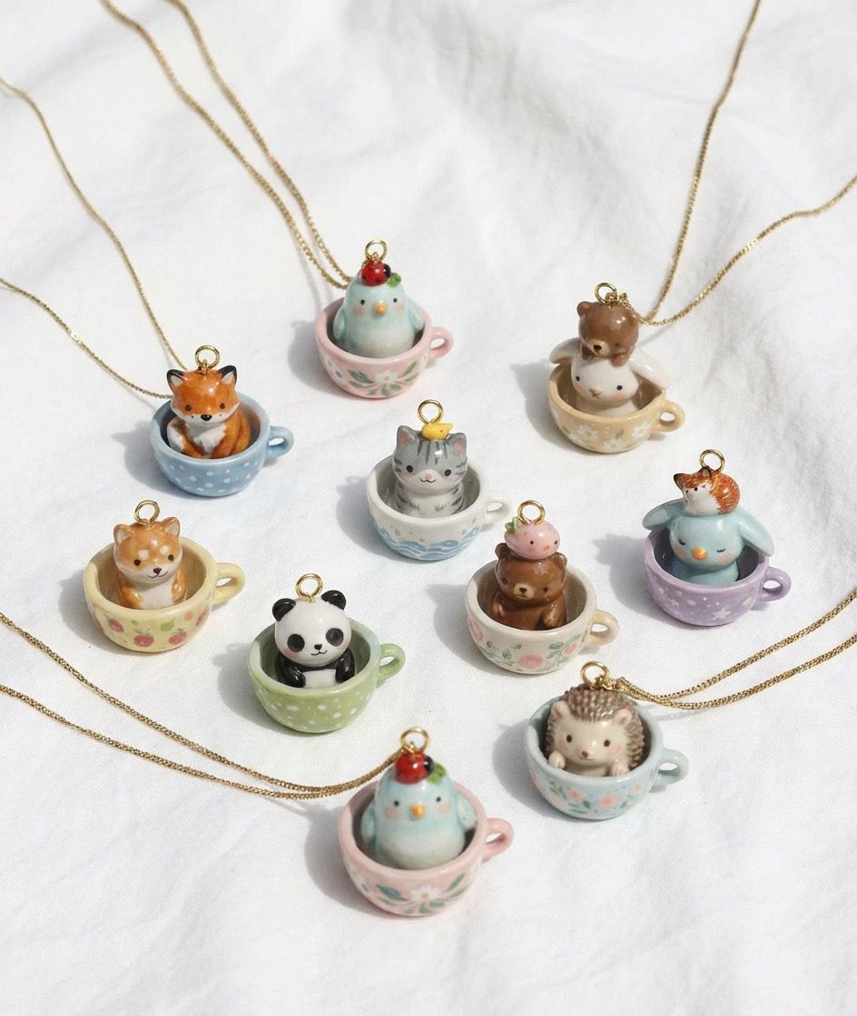 Sleeping Penguin & Squirrel Starry Teacup Enamel Charm Pendant | DIY Jewelry Making Supplies