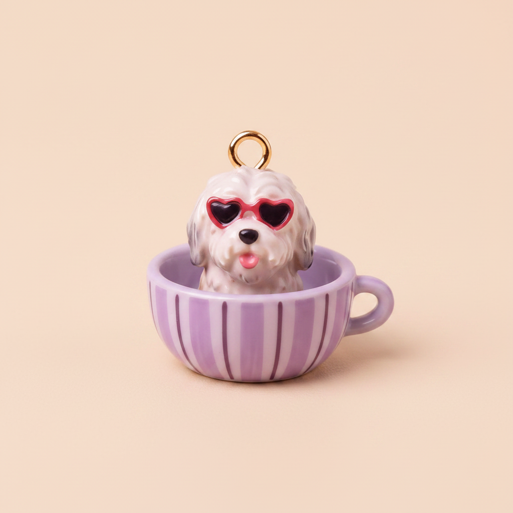 比熊犬 – 粉色心形墨镜 – 紫色条纹茶杯 – 米色背景