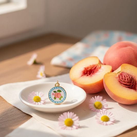 Double peach round charm - ceramic dish daisies