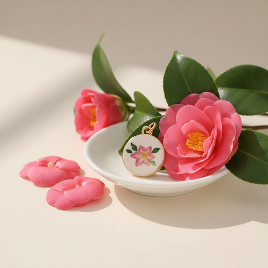Pink camellia round charm - ceramic dish