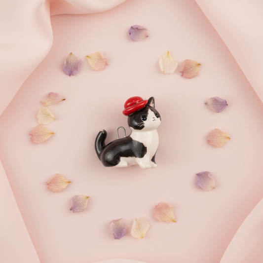 Red Beret Tuxedo Cat - Floral