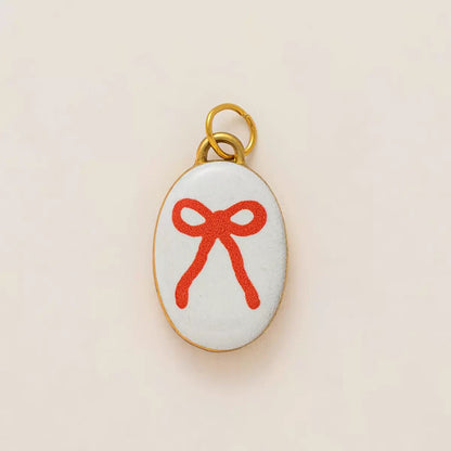 Oval Bow Charm Pendant | White Enamel Red Bow DIY Jewelry Charm