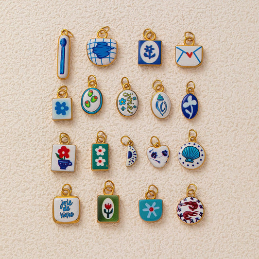 Blue & White Enamel Charm | Hand-Painted Ceramic Style DIY Jewelry | Original Art Design