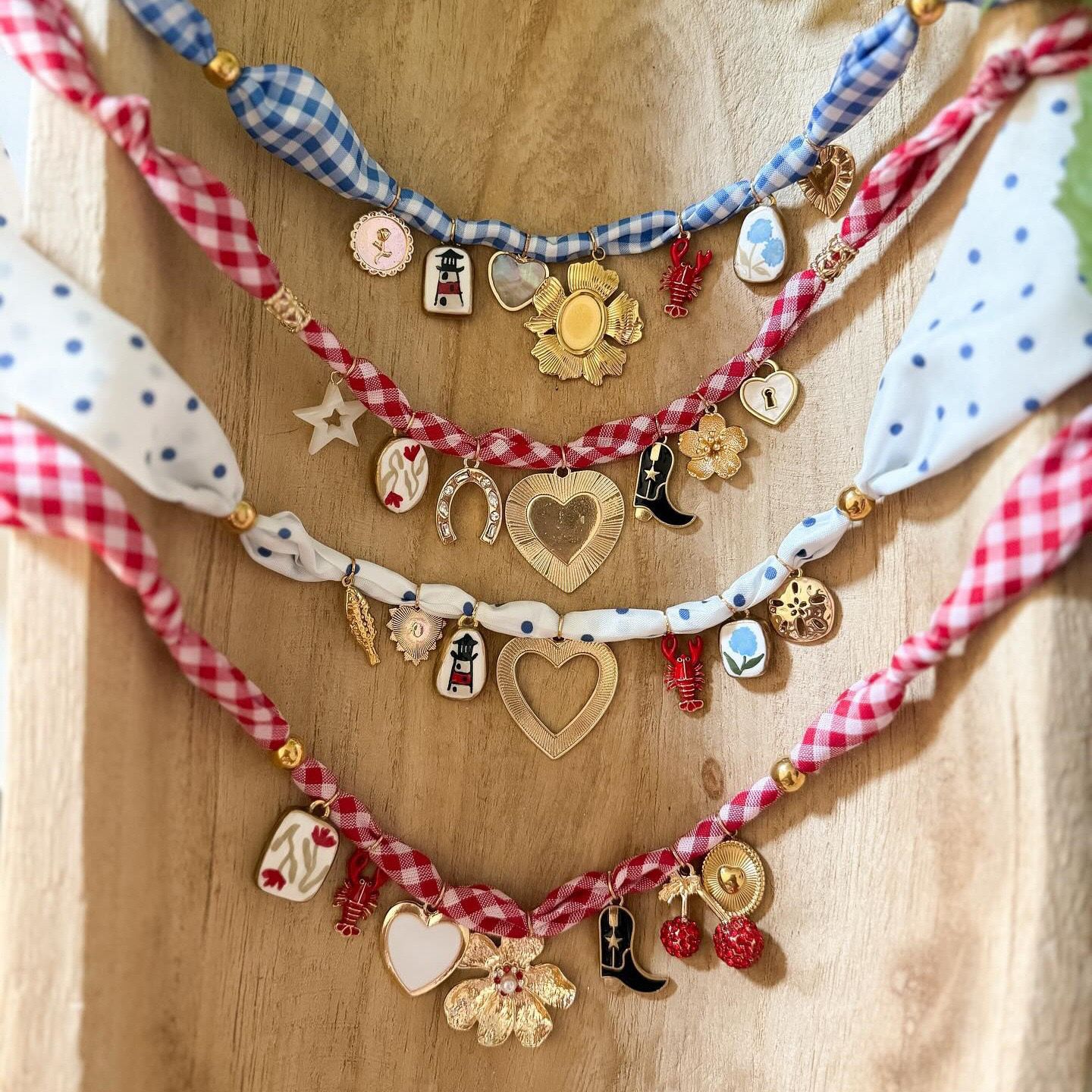 Handmade Fabric Charm Necklace | Gingham & Printed Scarf Rope Choker | DIY Charm Jewelry | Original Design