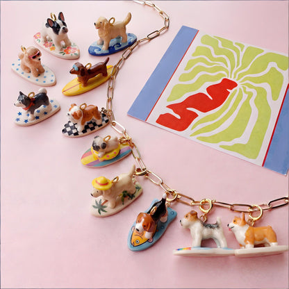 Surf Paws | Labrador Straw Hat Surfing Ceramic Charm | 18K Gold-Plated | DIY Jewelry