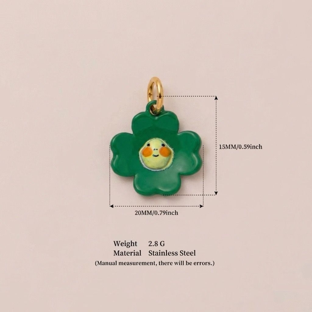 Little Weirdos | The Smiley Flower Stainless Steel DIY Charm Pendant | Kawaii Green Four-Petal Happy Face