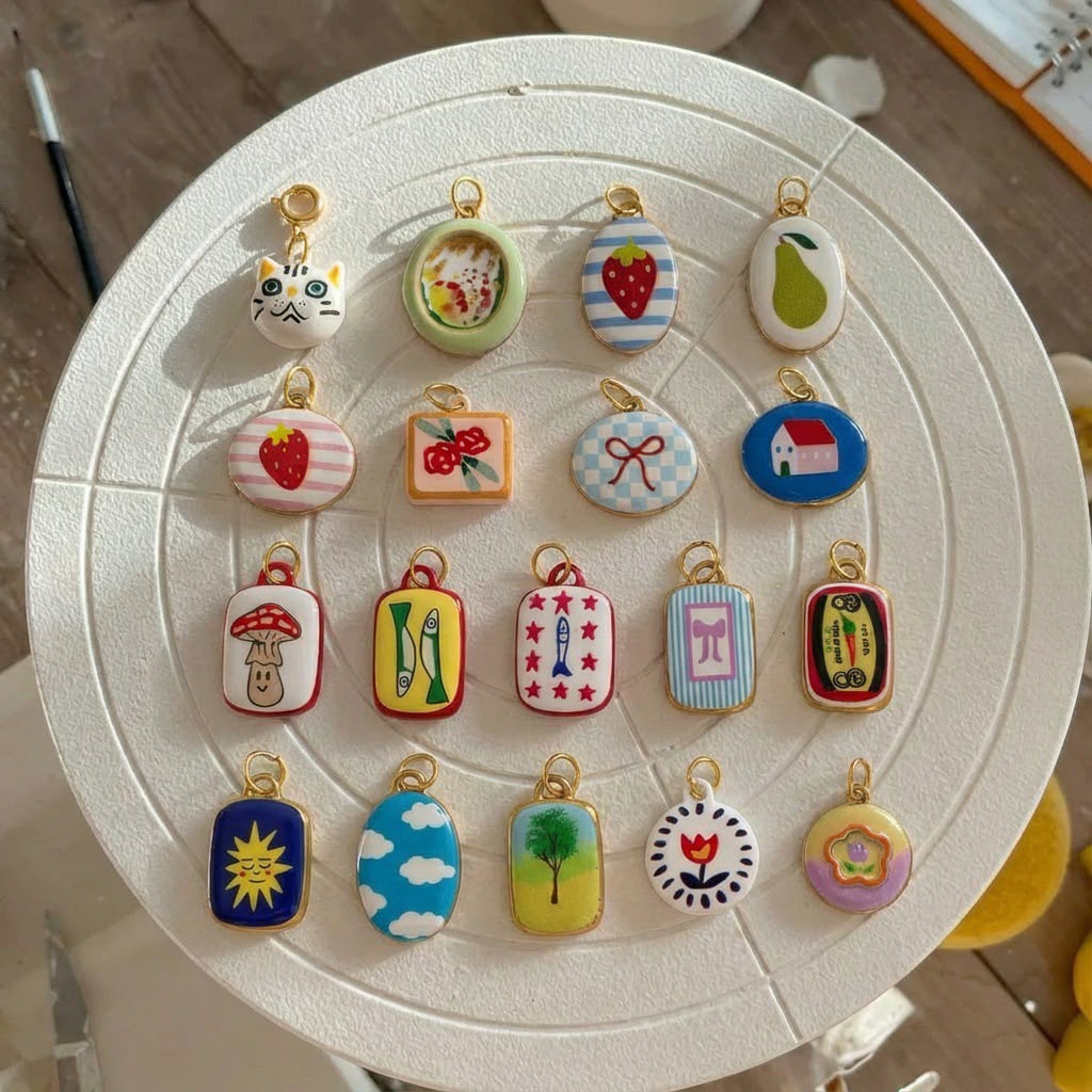 19 Illustrated Enamel Charm Pendants | Mushroom Strawberry Sardine Sun | DIY Jewellery Making Supplies