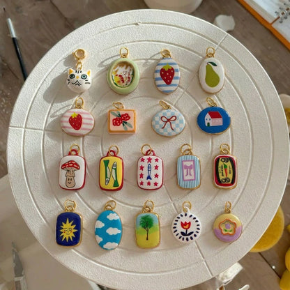 19 Illustrated Enamel Charm Pendants | Mushroom Strawberry Sardine Sun | DIY Jewellery Making Supplies