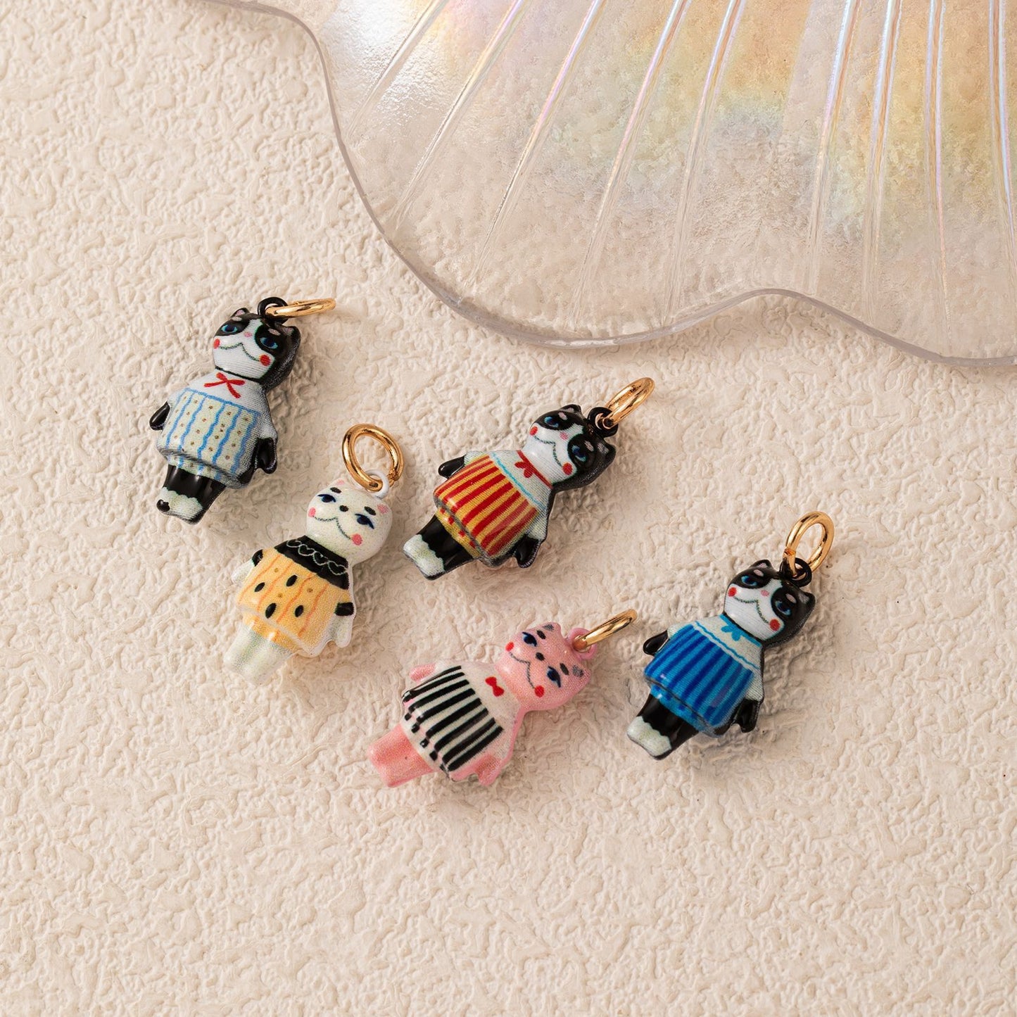 Little Doll · Red Stripe Cat | Copper Enamel Miniature Cat Doll Charm 14K Gold Plated Jump Ring | DIY Necklace Bracelet | Original Design