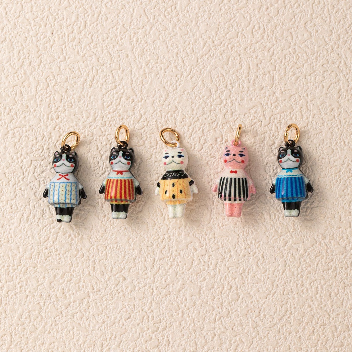 Little Doll · Argyle White Cat | Copper Enamel Miniature White Cat Doll Charm 14K Gold Plated Jump Ring | DIY Necklace Bracelet | Original Design