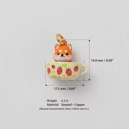 Shiba Inu Strawberry Teacup Enamel Charm Pendant | DIY Jewelry Making Supplies
