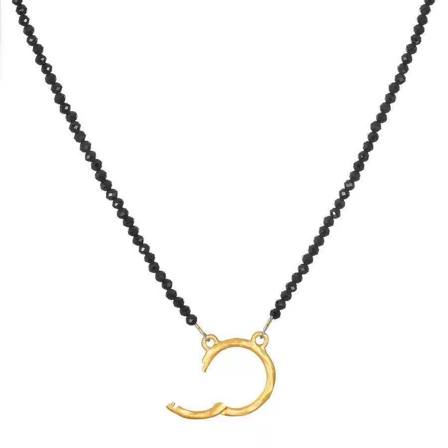 The Thread · Spinel | Natural Black Spinel Beaded Necklace Gold Crescent Open Clasp | Interchangeable Charm Necklace | DIY Jewelry