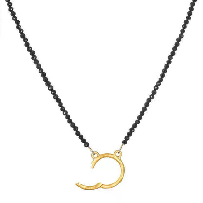 The Thread · Spinel | Natural Black Spinel Beaded Necklace Gold Crescent Open Clasp | Interchangeable Charm Necklace | DIY Jewelry