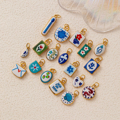 Blue & White Enamel Charm | Hand-Painted Ceramic Style DIY Jewelry | Original Art Design