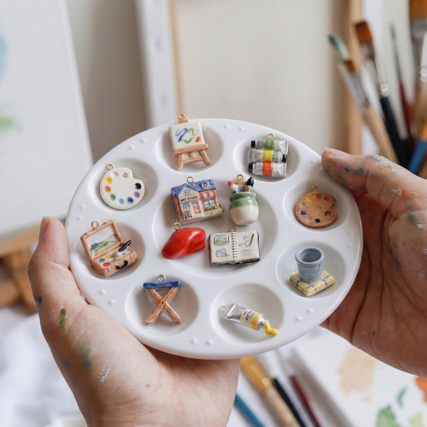 Little Artist · Art Studio | Hand-Painted Ceramic Miniature Art Studio House Charm Gold Jump Ring | DIY Necklace Bracelet | Original Design