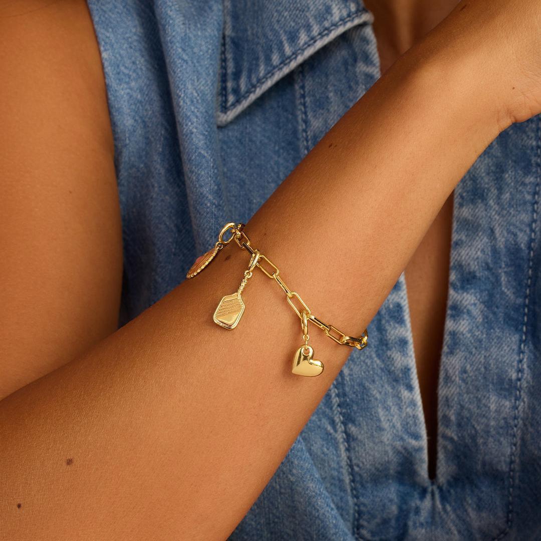 Sports Theme Gold Charm Necklace & Bracelet | 18K Gold Plated Engraved Pendant | DIY Charm Jewelry | Original Design