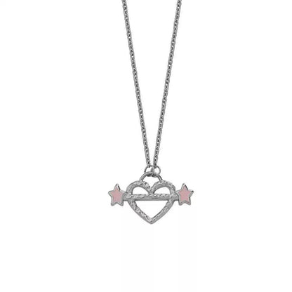 Starry Heart Necklace | Gold & Silver Open Heart with Pink Enamel Star Charms