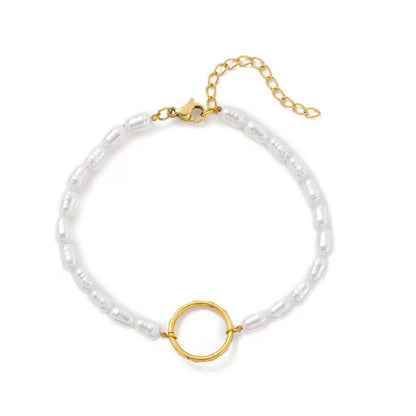 Freshwater Pearl Bracelet | Natural Baroque Pearl DIY Jewelry | Gold Circle Charm Pearl Beaded Bracelet