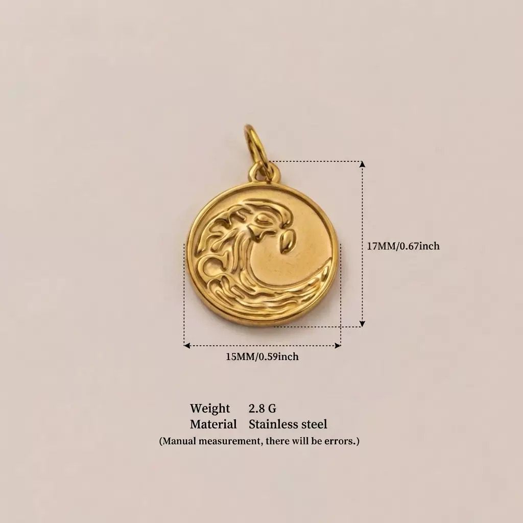Gold Embossed Ocean Wave Coin Charm Pendant | DIY Necklace Bracelet | Stainless Steel Coin Charm