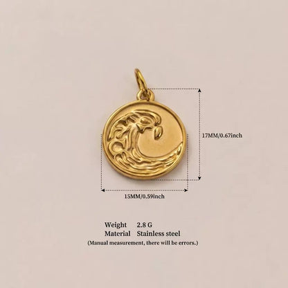 Gold Embossed Ocean Wave Coin Charm Pendant | DIY Necklace Bracelet | Stainless Steel Coin Charm