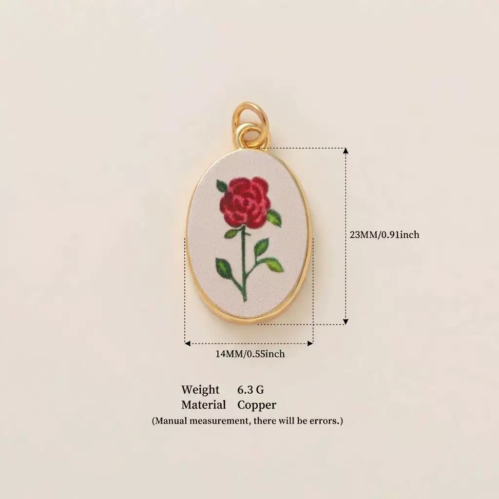 Petal & Paint · Rosa · Stem | Handpainted Single Red Rose Stem Oval Enamel Charm | Interchangeable DIY Charm | Romantic Jewelry | Valentine's Day & Mother's Day Gift