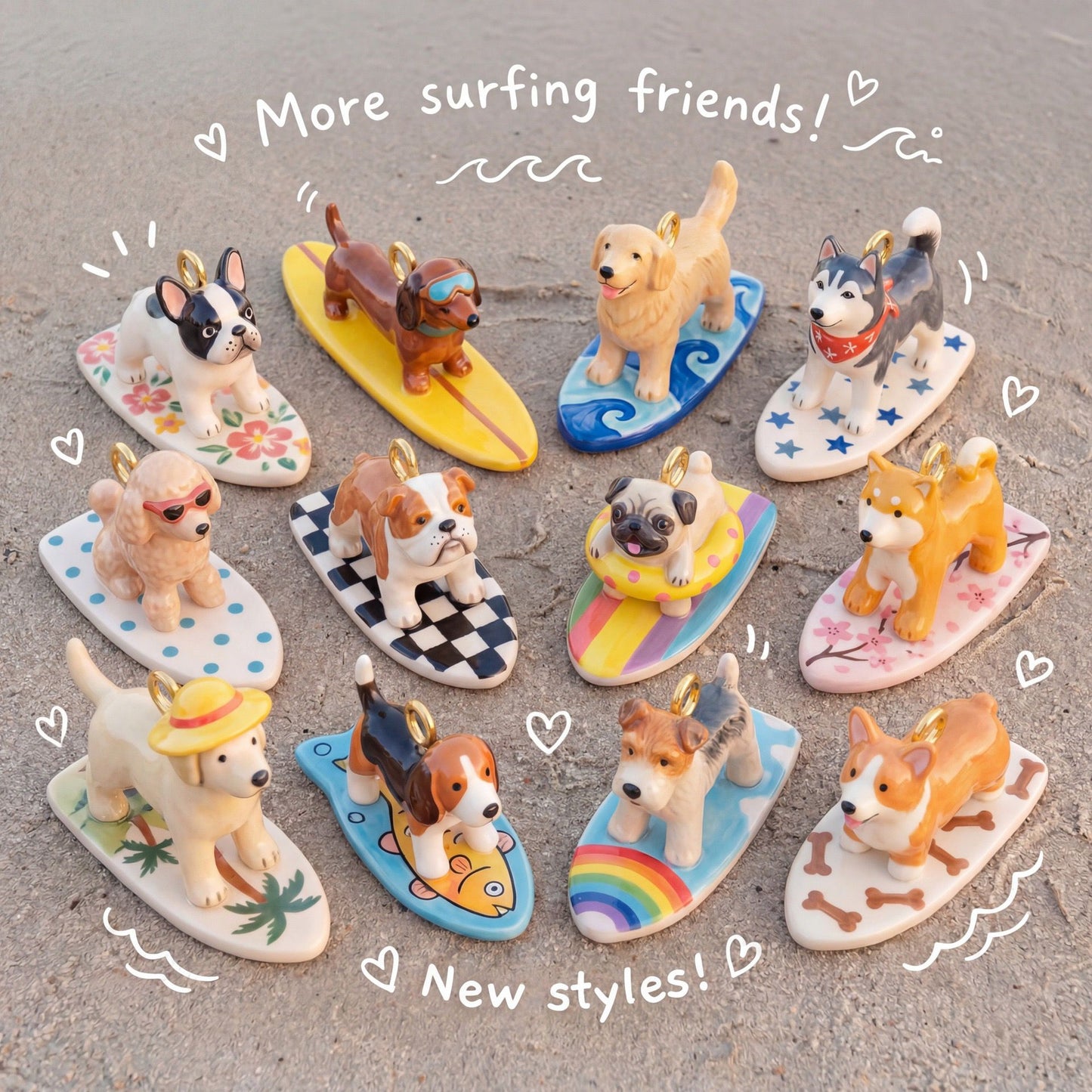 Surf Paws | Corgi Surfing Ceramic Charm | 18K Gold-Plated | DIY Jewelry