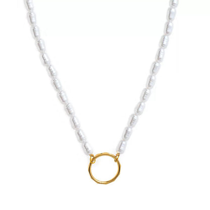 Freshwater Pearl Necklace | Natural Baroque Rice Pearl Choker | Gold Circle Clasp Pearl Beaded Necklace