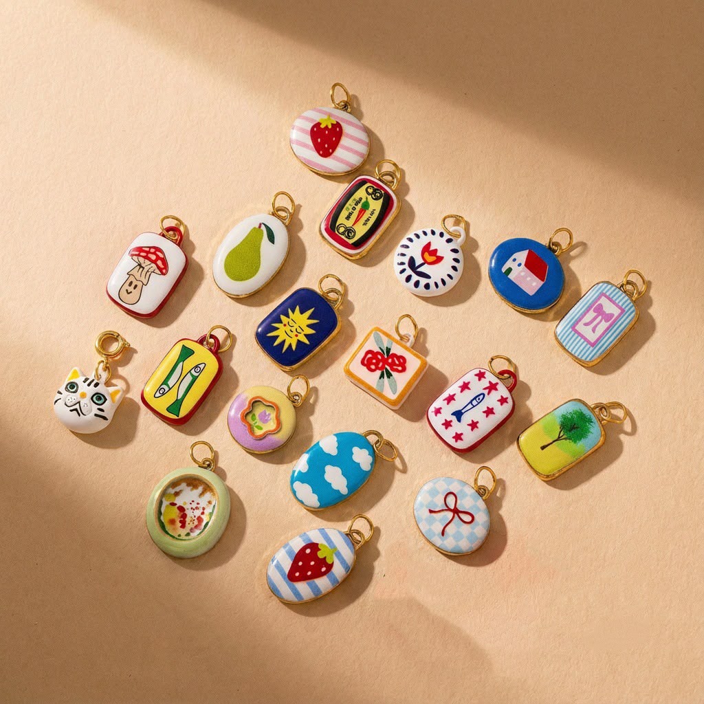 19 Illustrated Enamel Charm Pendants | Mushroom Strawberry Sardine Sun | DIY Jewellery Making Supplies