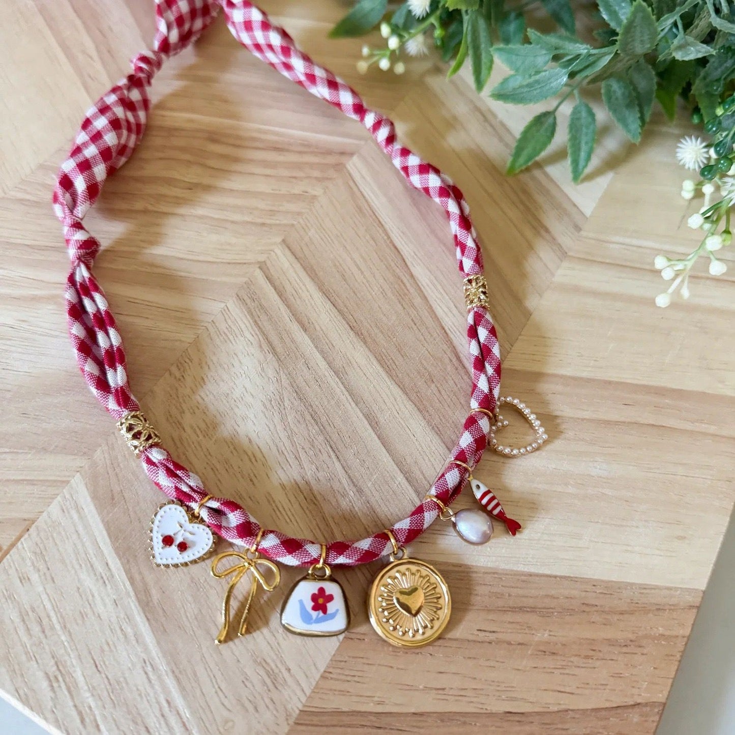 Handmade Fabric Charm Necklace | Gingham & Printed Scarf Rope Choker | DIY Charm Jewelry | Original Design