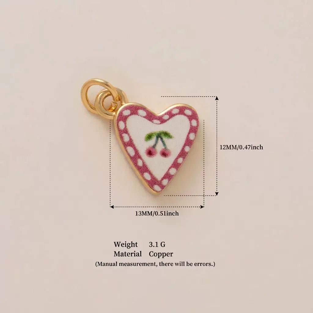 Petal & Paint · Cerise · Cœur · Pois | Handpainted Polka Dot Cherry Heart Enamel Charm | Interchangeable DIY Charm | Vintage Retro Sweet Fruit Jewelry | Valentine's Day & BFF Gift