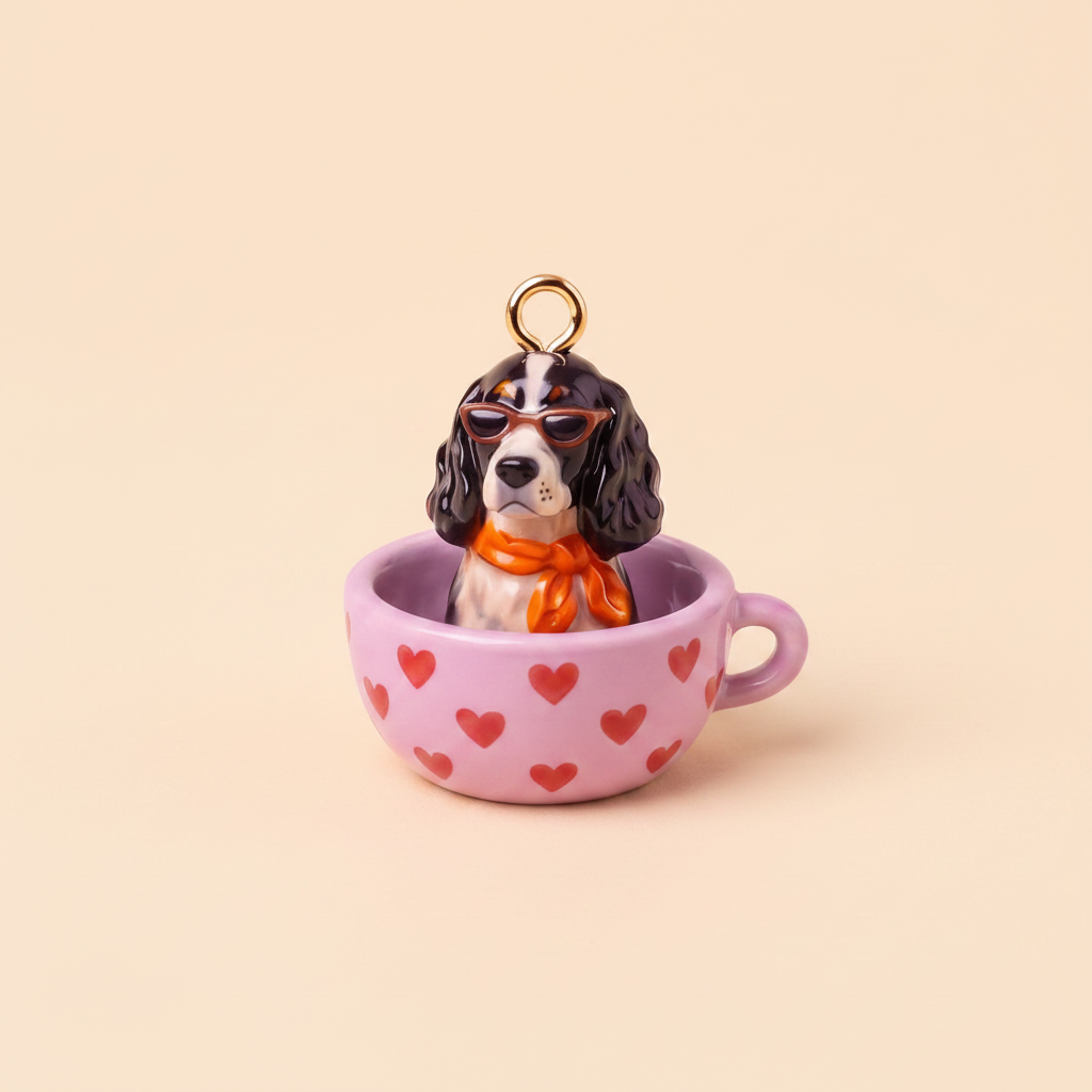 可卡犬 – 黑色墨镜+橙色围巾 – 粉色爱心茶杯 – 米色背景