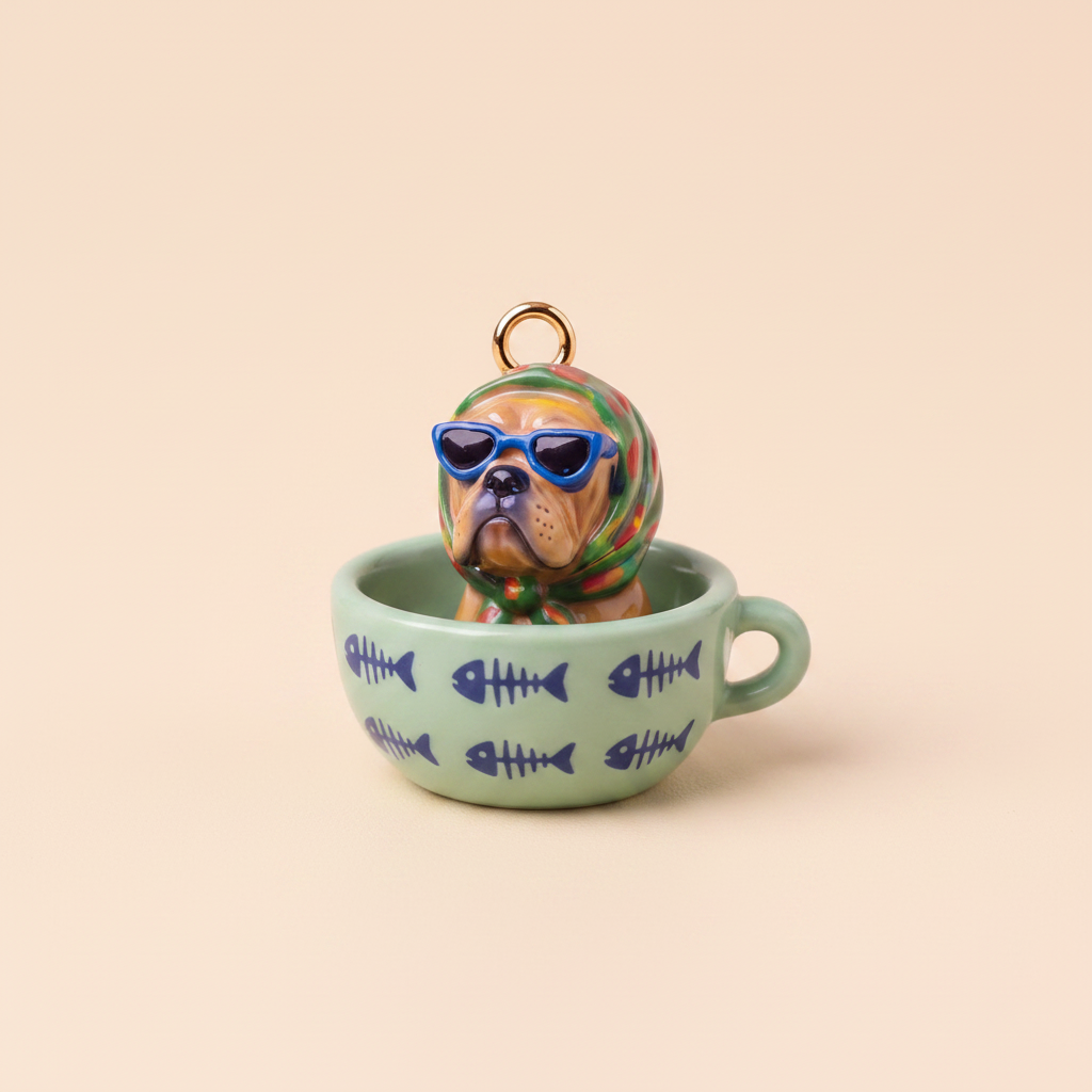 斗牛犬 – 蓝色心形墨镜+绿色花头巾 – 绿色鱼骨茶杯 – 米色背景