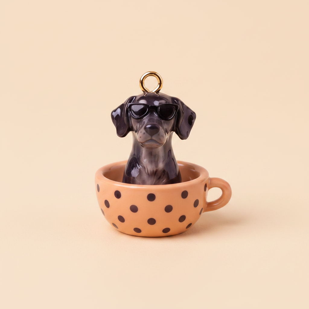 大丹犬 – 黑色大框墨镜 – 橙色波点茶杯 – 米色背景