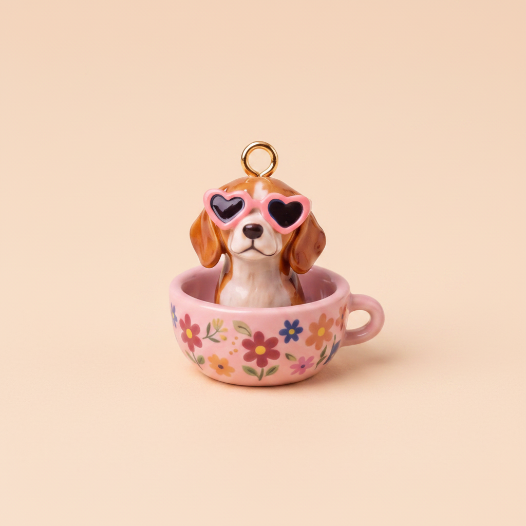 比格犬 – 粉色花朵茶杯 – 米色背景