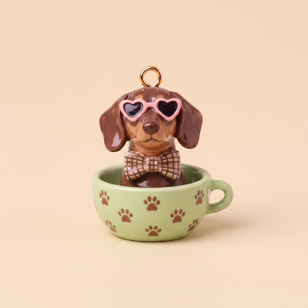 腊肠犬 – 粉色心形墨镜+格纹领带 – 绿色爪印茶杯 – 米色背景