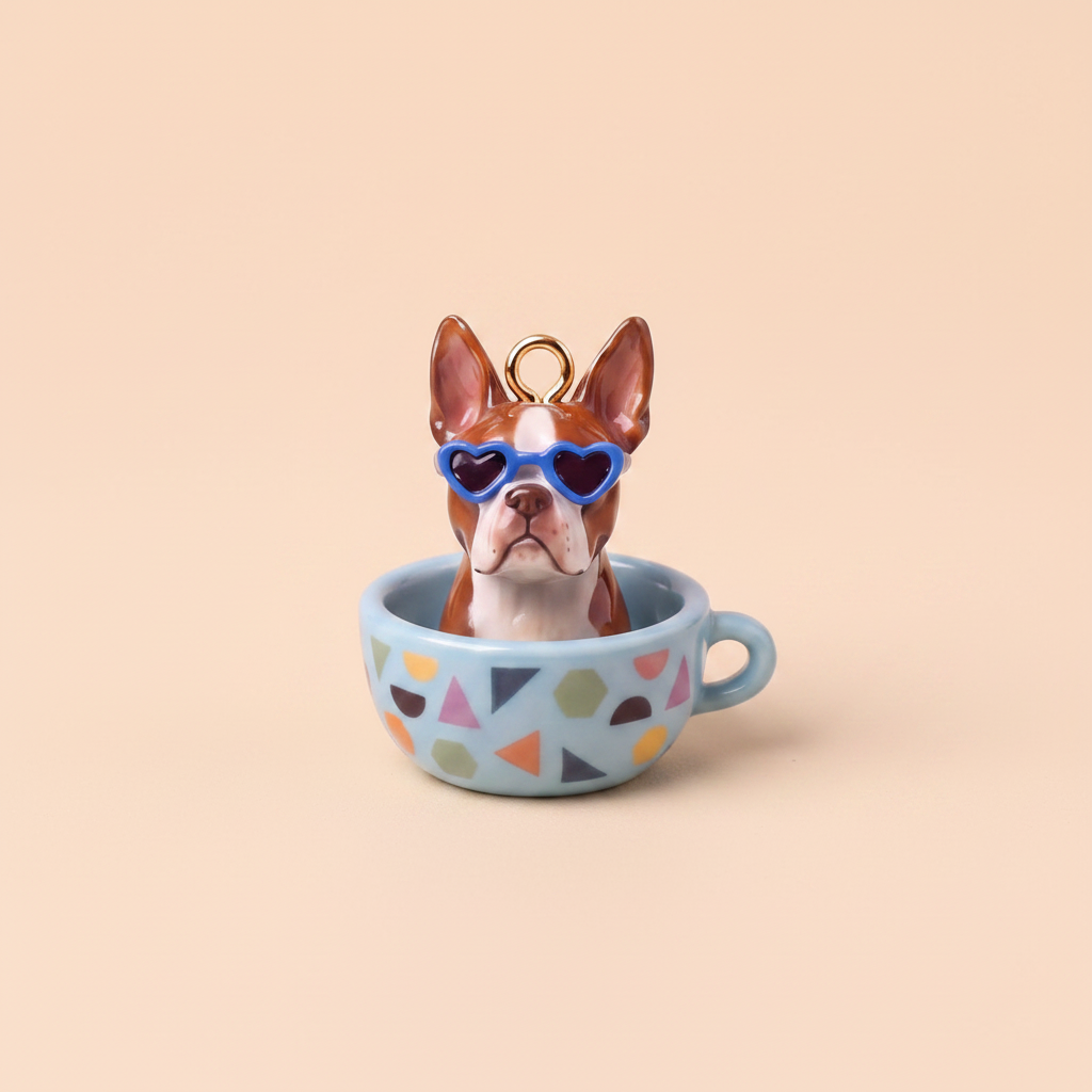 法国斗牛犬 – 蓝色几何茶杯 – 米色背景（重新生成）