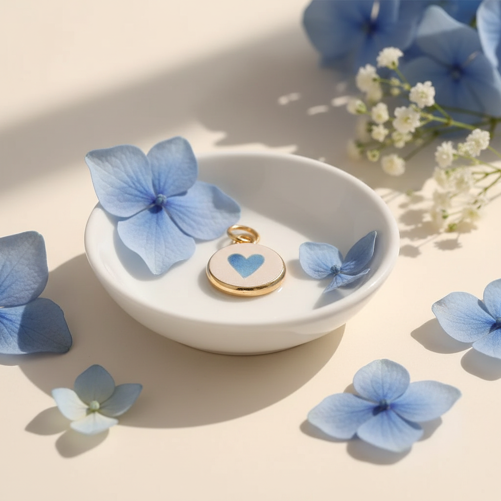 Blue heart round charm - ceramic dish hydrangea