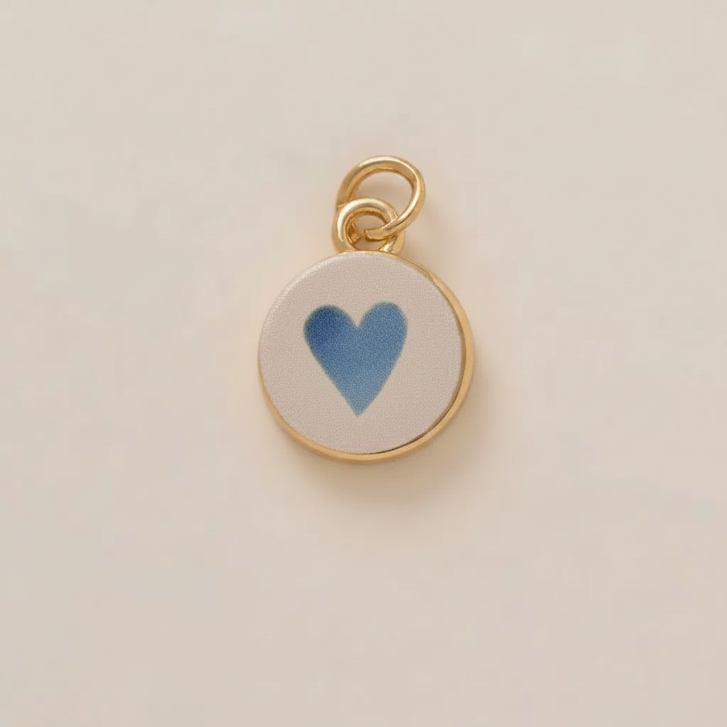 Blue heart round charm - cream background