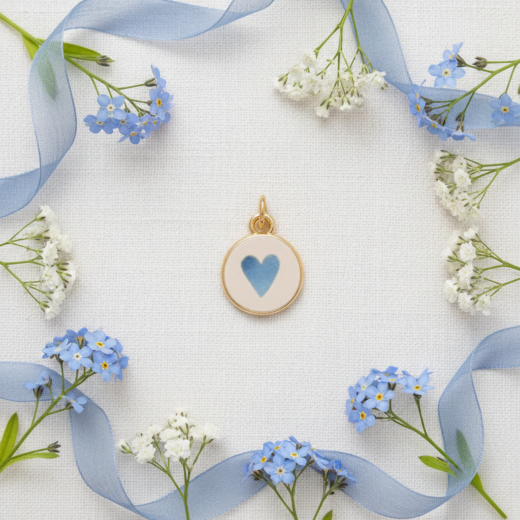 Blue heart round charm - linen flat lay