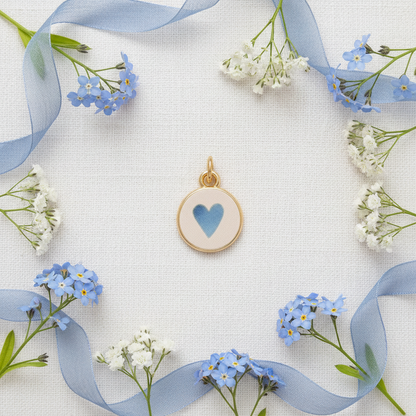 Blue heart round charm - linen flat lay