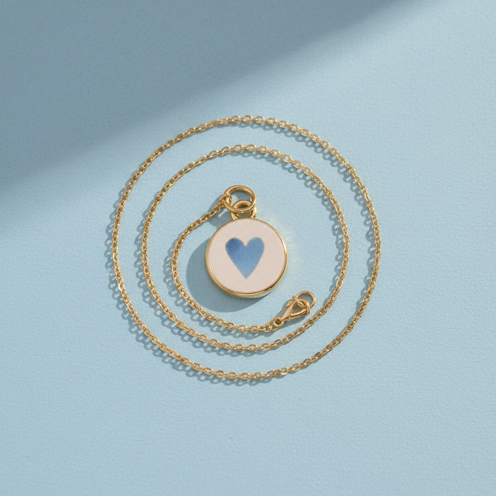 Blue heart round charm - powder blue background