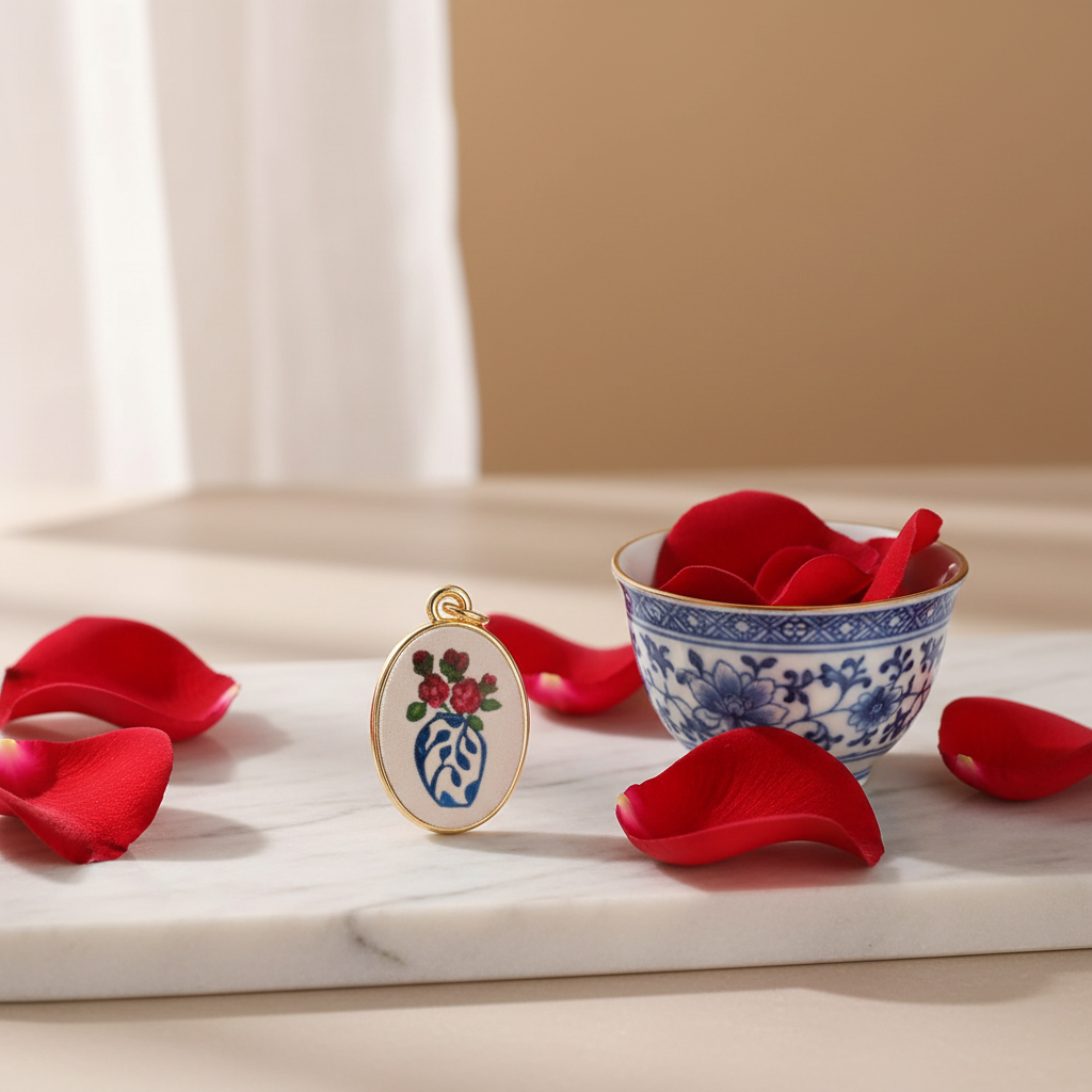 Blue white vase charm - marble tray tea cup