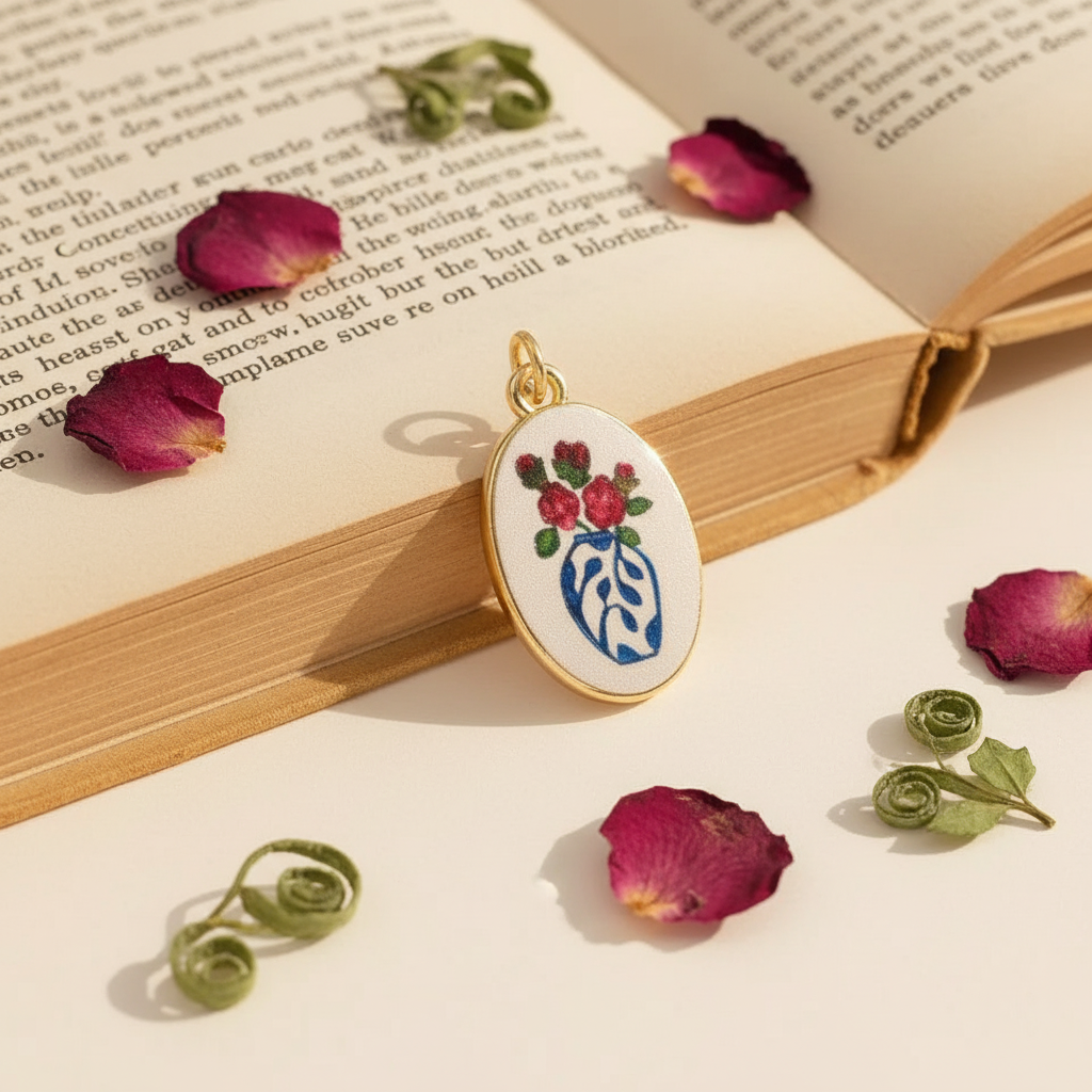Blue white vase charm - vintage book