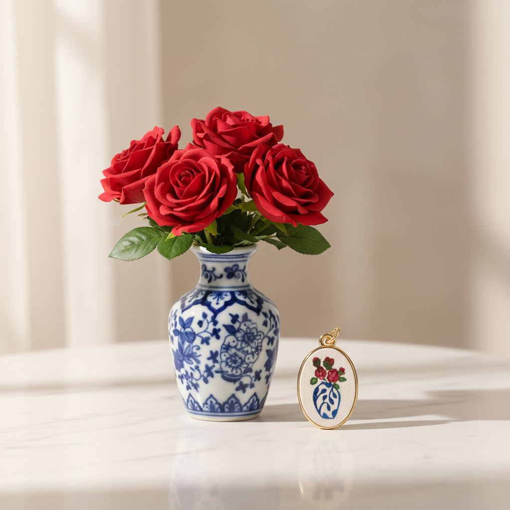 Blue white vase oval charm - chinoiserie vase scene