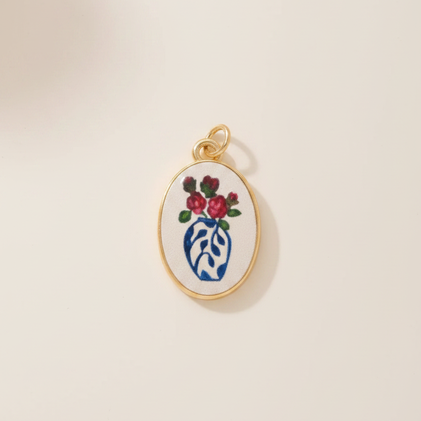 Blue white vase oval charm - cream background