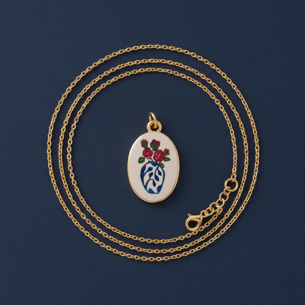 Blue white vase oval charm - navy background chain