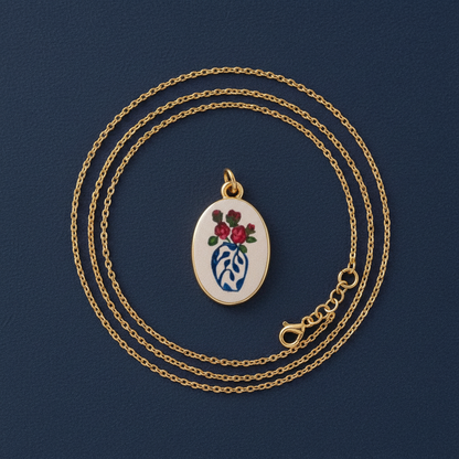Blue white vase oval charm - navy background chain