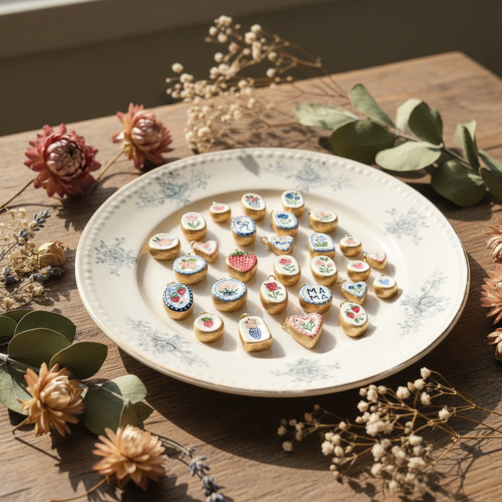 Charms on ceramic plate with dried flowers