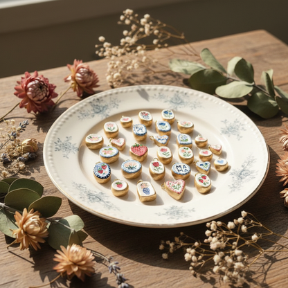 Charms on ceramic plate with dried flowers